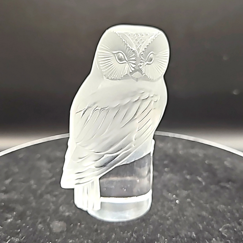Signed Lalique Frosted & Clear Crystal Owl Sculpture